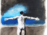 painting of a man standing on a beach with his arms outstretched