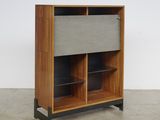 a wooden bookcase with two shelves and two shelves on each side