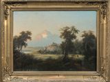 l'image d'un tableau représentant un paysage avec un château au loin