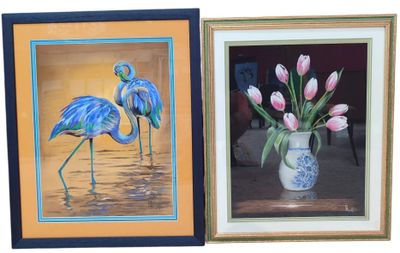 two paintings of flamingos and tulips in a vase on a table