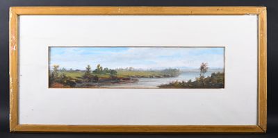 une peinture à l'huile représentant un paysage avec une rivière au premier plan
