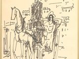 dessin représentant un homme assis à une table sur un cheval conduit par une femme