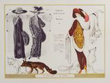 a drawing of a woman and a dog in a dress and hat