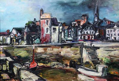 a painting of boats docked in a harbor on a sunny day