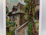 une peinture à l'huile représentant une maison à laquelle mènent des marches