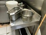 many pots and pans sitting on a kitchen counter
