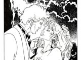 a black and white drawing of a man kissing a woman