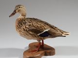 a duck that is standing on top of a wooden block