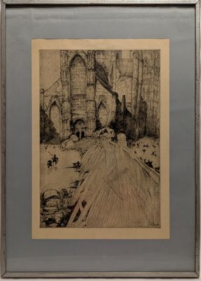 drawing of a city street with people walking on it and buildings in the background