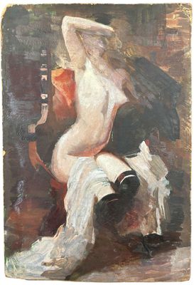 une peinture à l'huile représentant une femme nue assise sur une chaise