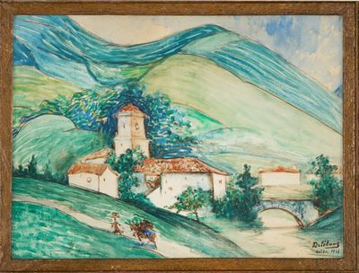 une peinture à l'huile représentant un village avec un pont et une calèche