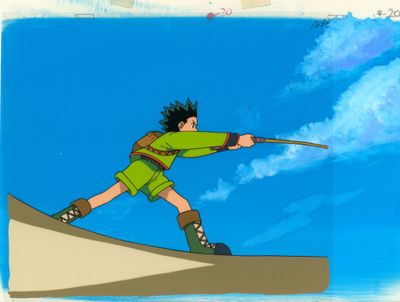 image de bande dessinée représentant un garçon sur une planche de surf, un bâton à la main