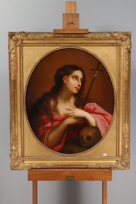 painting of a woman holding a musical instrument on a wooden easel