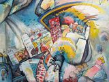 painting of a painting of a car with a bunch of people in it
