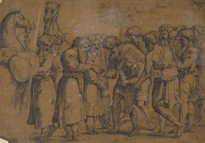 un vieux dessin représentant un groupe d'hommes debout devant une foule