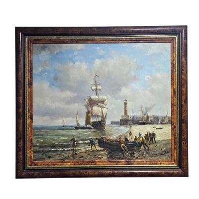 framed oil painting of ships on the beach with people on the shore