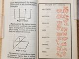 an open book with drawings on it on a table
