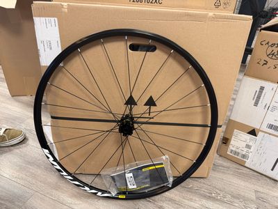 a bicycle wheel that is sitting on the floor