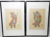 two framed chinese paintings of a man and a woman holding swords