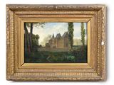an oil painting of a house in a wooded setting