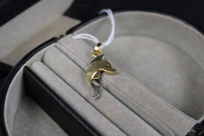 a ring in a case that has a gold dolphin on it