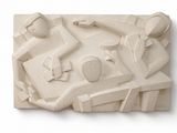 a sculpture of a group of people on a white surface