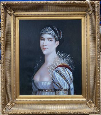 tableau représentant une femme en robe blanche, dans un cadre doré