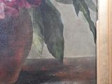 a painting of a pink flower in a vase on a table