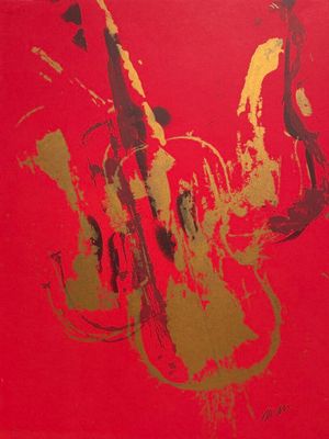 an image of a painting of a violin on a red background
