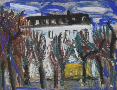 a painting of a building with a yellow box in front of it
