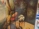 a room divider with a painting of birds on it
