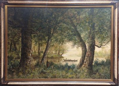 a picture of a painting of a boat in the woods