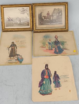 Départ des chasseurs : deux petits gravures avec rehauts de …