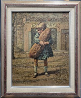 tableau représentant une petite fille portant un panier dans une rue