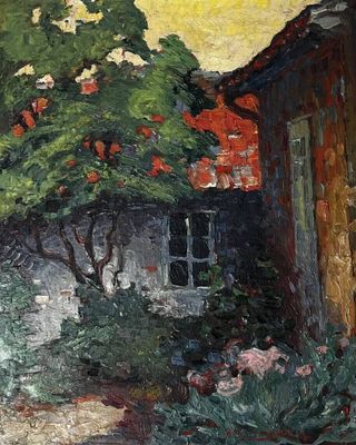 une peinture à l'huile représentant une maison avec un arbre dans le jardin devant la maison