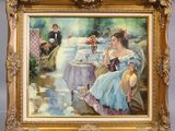 painting of a woman in a blue dress sitting at a table with a man in a tuxedo
