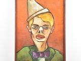 tableau représentant un homme portant un chapeau de clown et un nœud papillon