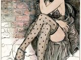 drawing of a woman sitting on a rock wearing stockings and a hat