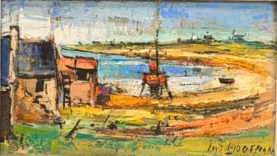 une peinture à l'huile représentant un tableau représentant une scène de plage avec des bateaux