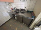 a kitchen with a stove, sink, and a fan in it
