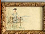 painting of a woman in a blue dress and hat standing behind a fence