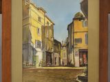peinture à l'huile d'une scène de rue avec des bâtiments en arrière-plan