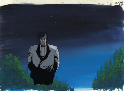 un tableau représentant un homme en smoking debout dans la neige