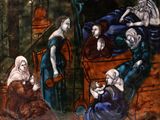 a painting of a group of people sitting around a table
