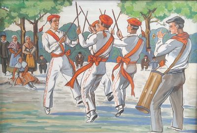 un tableau représentant un groupe d'hommes en uniforme jouant du tambour