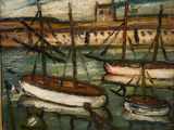 a painting of boats in a harbor with a building in the background