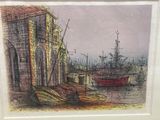 drawing of a painting of boats in a harbor with a building in the background