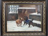une peinture à l'huile représentant deux chiens jouant dans la neige