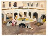 une image représentant un tableau où l'on voit des personnes et des chiens dans une cour