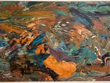 tableau abstrait aux couleurs orange et bleu, avec un cadre blanc